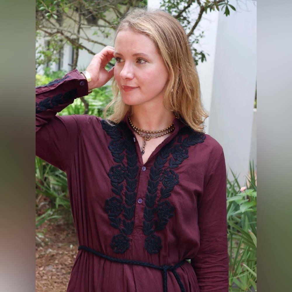 Ex Voto Ivy Kaftan Dress Wine Black Embroidered Cotton XS NWT $289